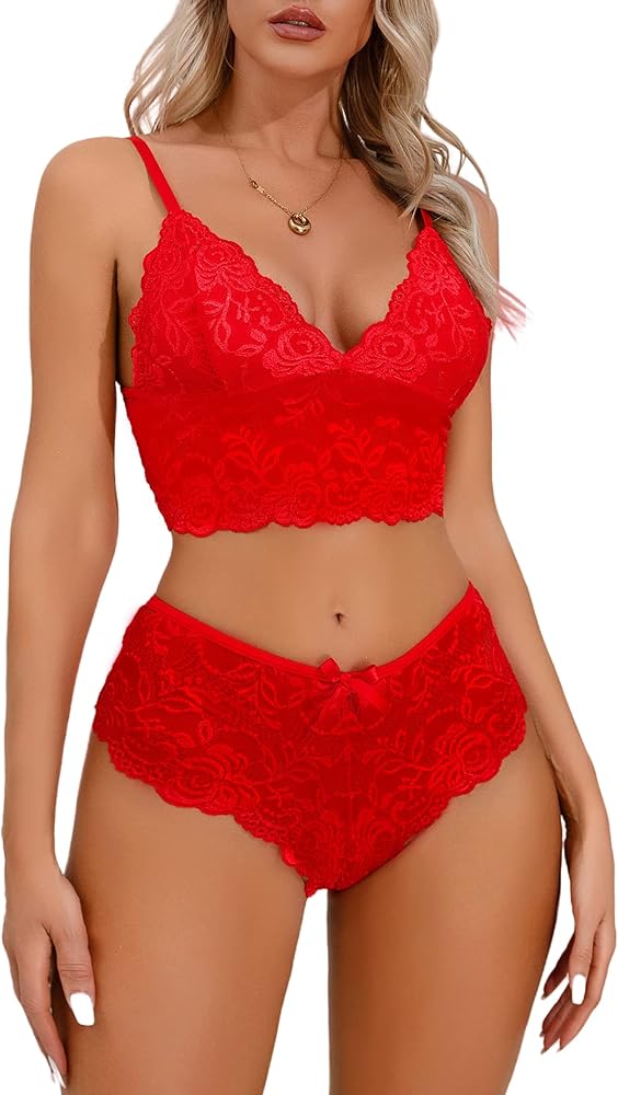 Queenfox Women Lace Lingerie Pajama Sets 2 Piece Babydoll Underwear Sexy Bra and Panty Set S-2XL