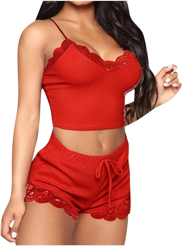 Women's Nightgown Two Piece Lace Satin Spaghetti Strap Bralette and Shorts Sleepwear Sexy Teddy Babydoll Lingerie