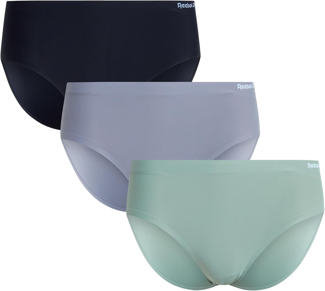 Reebok Women's Hipster Briefs - 3 Pack Stretch Performance Breathable Hipster Panties - Seamless Underwear for Women (S-XL), Size Large, Black/Sharkskin/Lily Pad