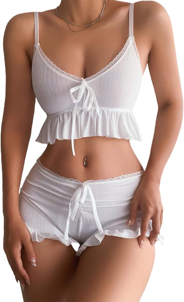 Milumia Women's 2 Piece Cute Ruffle Trim Lingerie Set Knot Front Shortie Nightwear