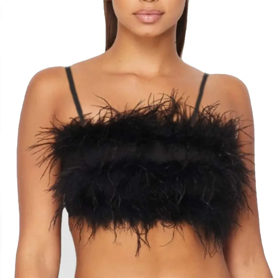 Women Rave Festival Feather Crop Tops Faux Fur Spaghetti Straps Tube Top for Concert Club Party Black