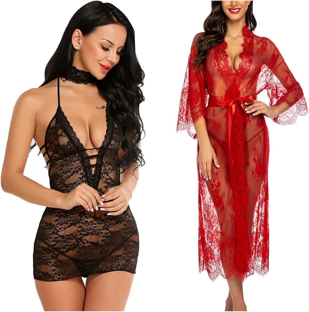 Avidlove Women Babydoll Lingerie (Black,X-Large) and Women Long Kimono (Red,X-Large)