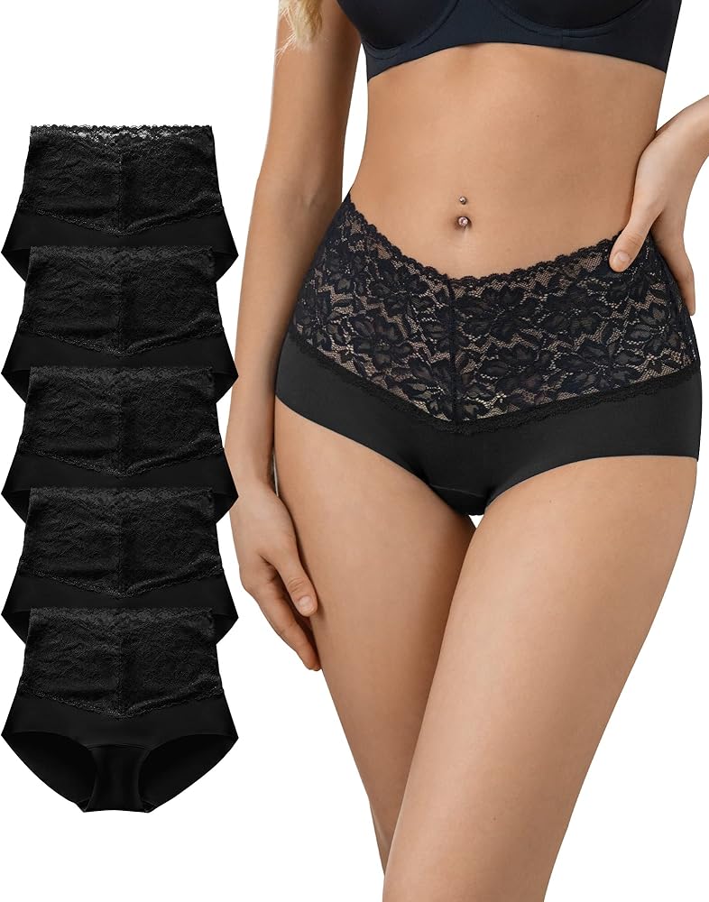 SHARICCA High Waist Lace Underwear for Women Seamless Sexy Panties Ladies Stretch Full Coverage Briefs Pack