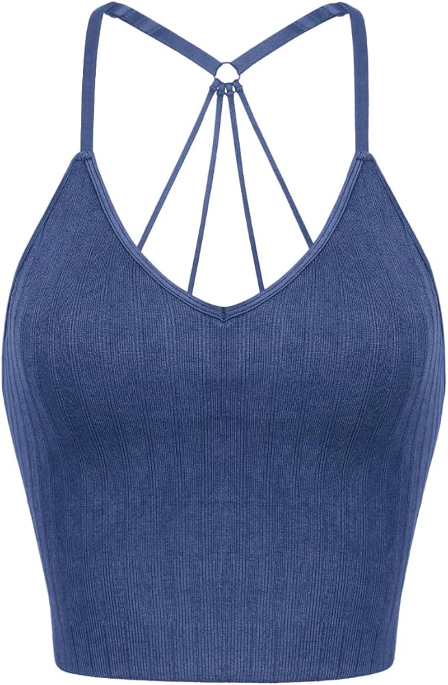 ODODOS Seamless Padded Sports Bra for Women Strappy Longline Wirefree Brami Ribbed Crop Tank Tops