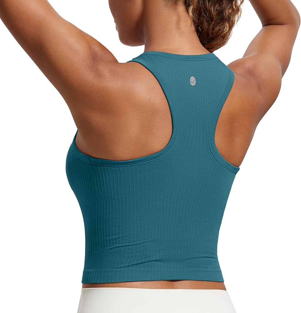 CRZ YOGA Womens Seamless Ribbed Longline High Neck Sports Bra - Racerback Padded Slim Fit Crop Tank Top with Built in Bra