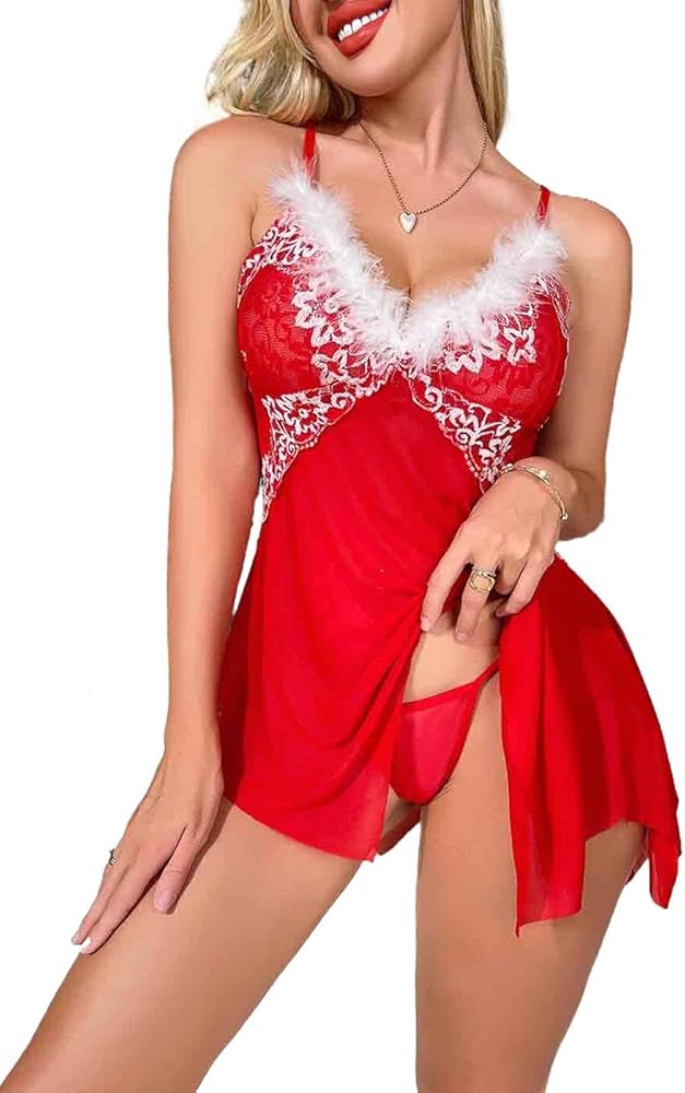 Sexy Christmas Lingerie Red Lace Chemise Nightwear Dress Rave Nightgowns V Neck Pajamas Babydoll Sleepwear Bodysuit