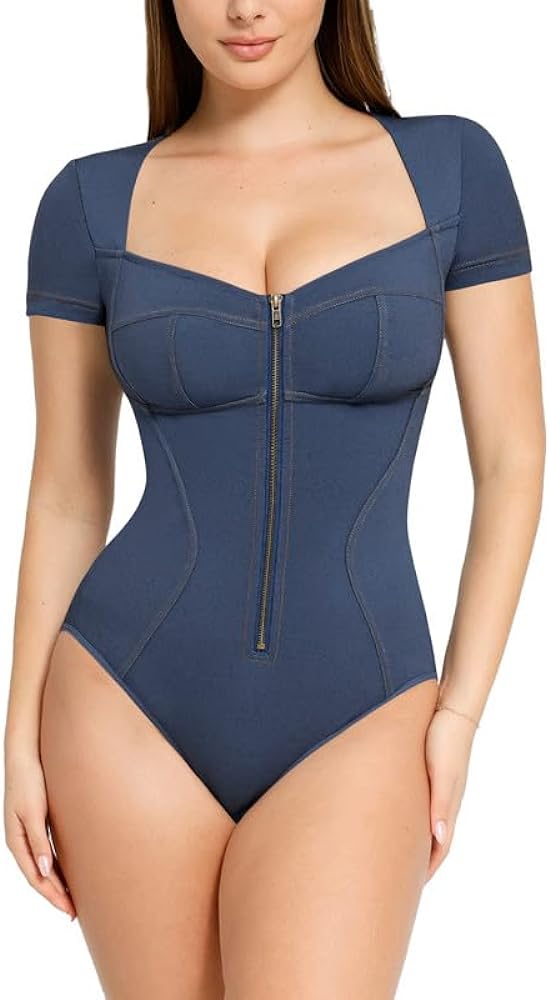 Popilush The Shapewear Bodysuit for Women Denim Tummy Control Square Neck Bodycon Thong Bodysuit Short Sleeve