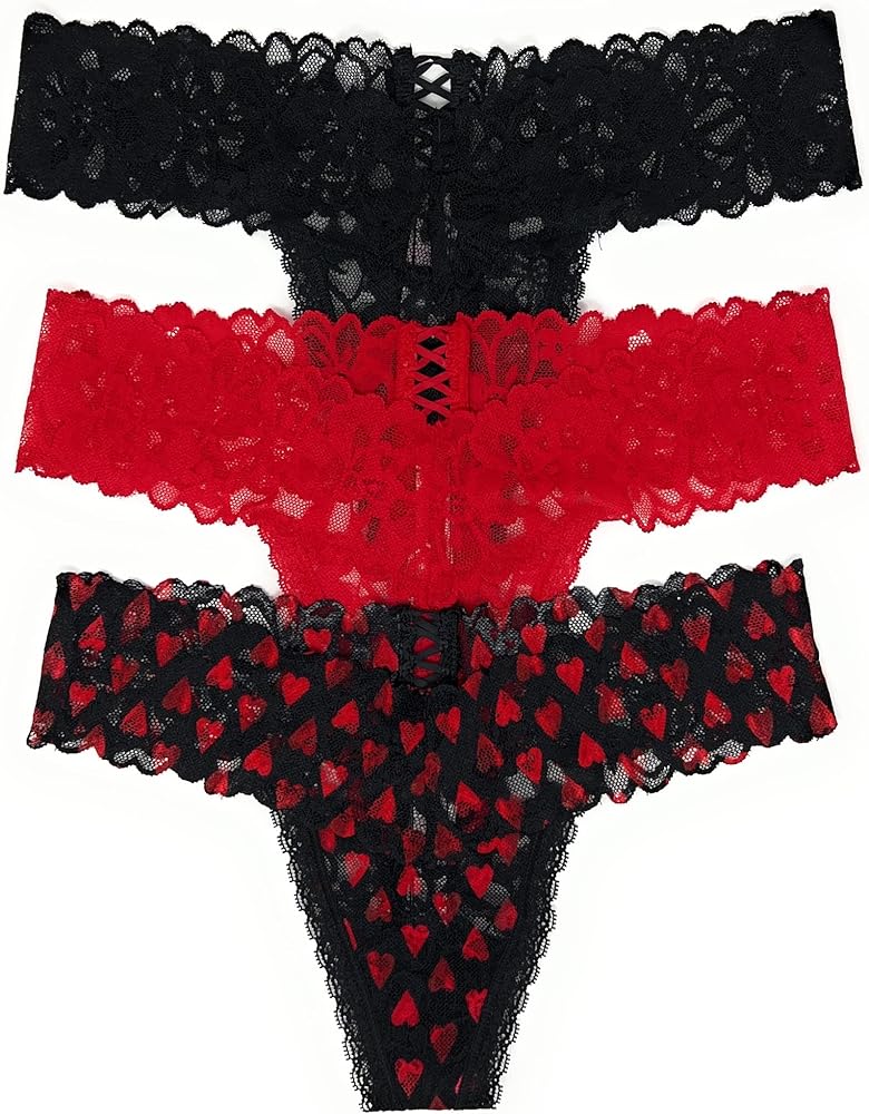 Victoria's Secret The Lacie Thong Panty Set of 3 Small Black Cross/Red Cross/Black Hearts