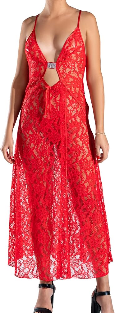 Red Lace Long Nightgown V Neck Babydoll Sexy Lingerie Set For Women