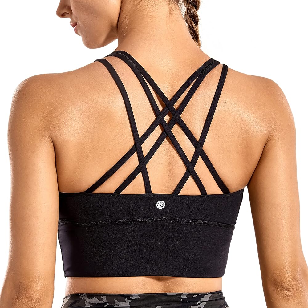 CRZ YOGA Women's Strappy Longline Sports Bras - Wirefree Padded Medium Impact Workout Crop Tank Top