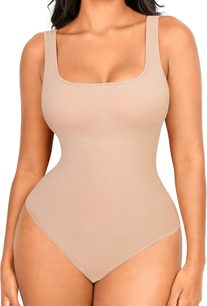 FeelinGirl Women's Bodysuit Sleeveless Ribbed Thong Bodysuits with Built in Bra 2024 Summer Going Out Tank Tops Bodysuit