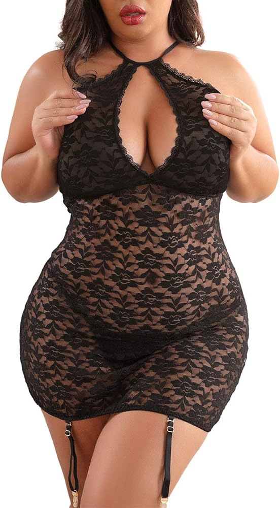 XAKALAKA Women's Halter Plus Size Lace Lingerie Keyhole Mesh Stretch Babydoll Chemise with Garters