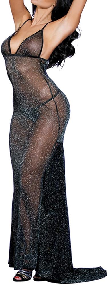 Sexy Sheer Black Shining Mesh Long Nightgown Deep-V Babydoll Dress For Women