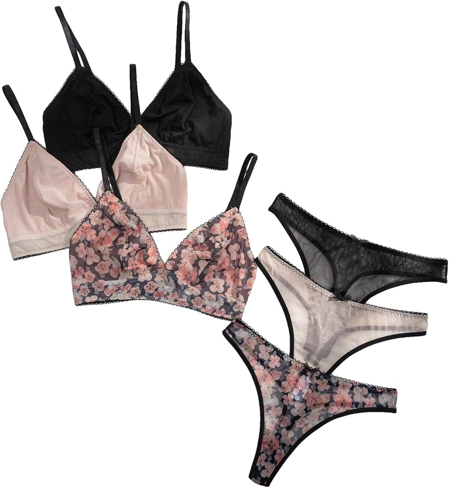 Verdusa Women's 6 Piece Floral Mesh Lingerie Set Bow Bra and Panty