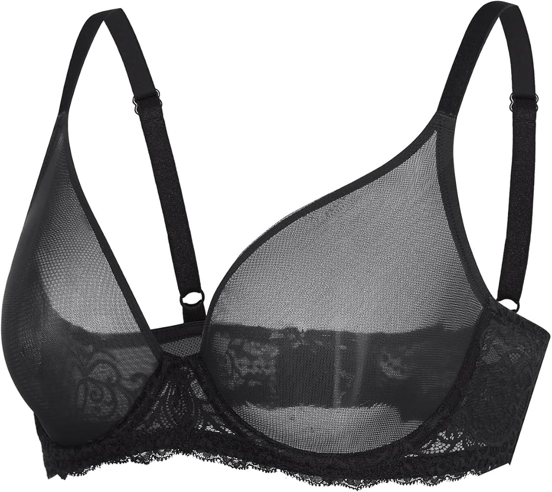 DELIMIRA Women's Sheer Mesh Bra See Through Plus Size Sexy Full Coverage Underwire Unlined Bras