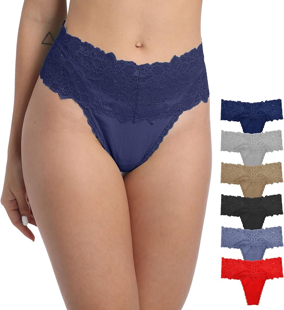 Pack 6 High Waisted Lace Thong for Women Cotton Underwear Plus Size High Rise Retro Tummy Control Thongs Panties