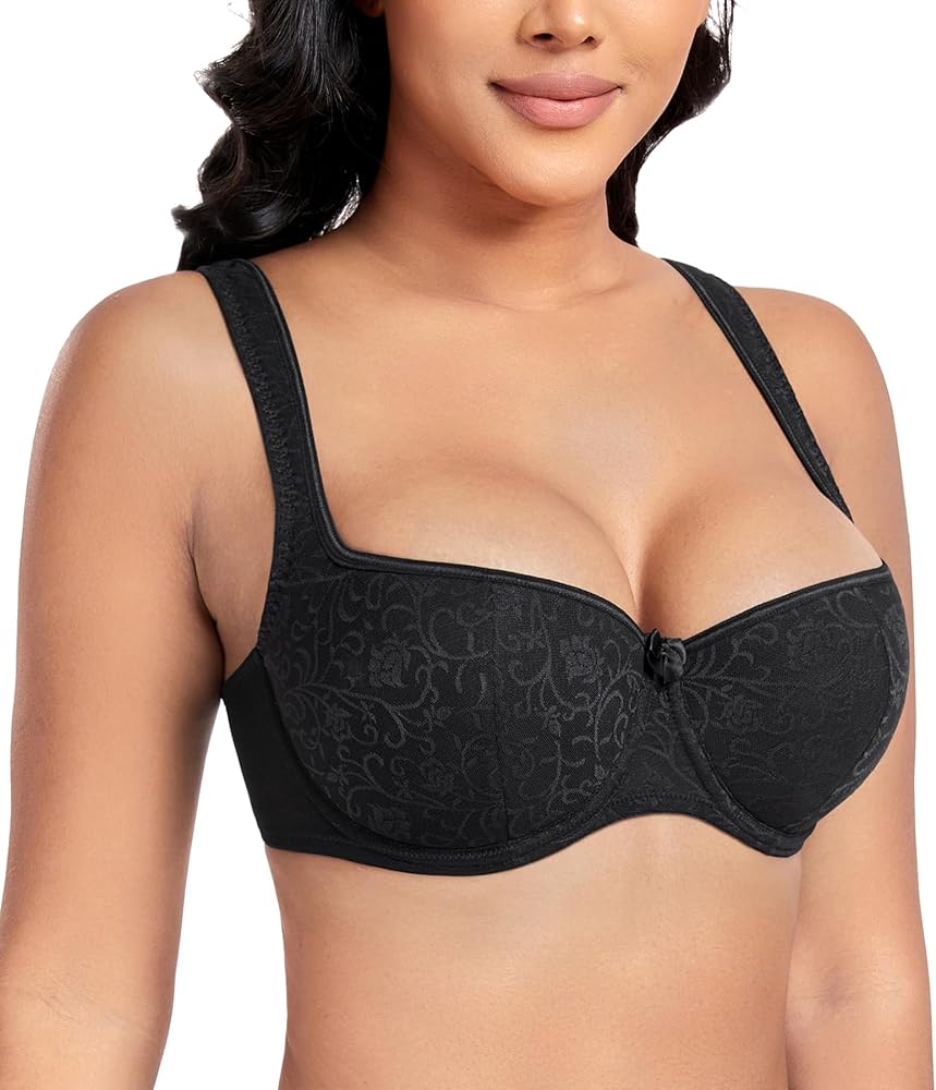 DotVol Women's Plus Size Wide Straps Lace Demi Underwire Lightly Padded Balconette Bra