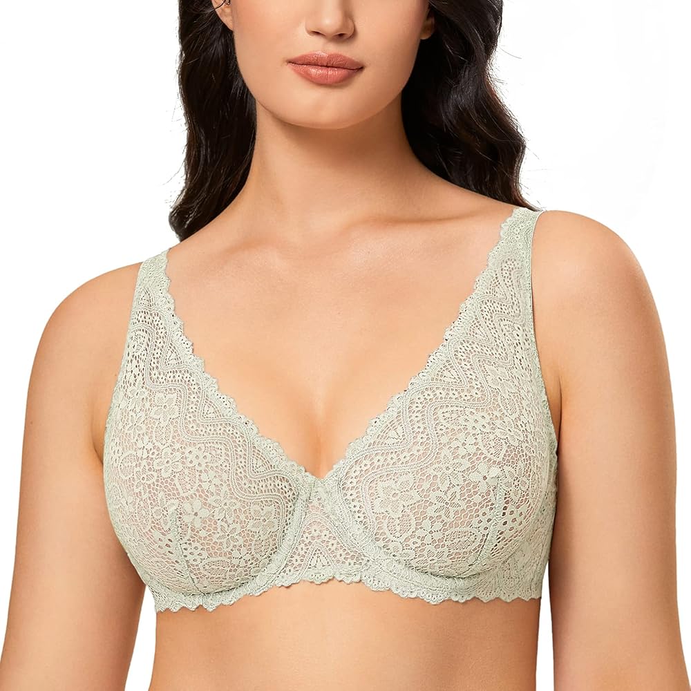 DOBREVA Women's Lace Plunge Bra Sexy Underwire Bralette Plus Size See Through Unlined Bras