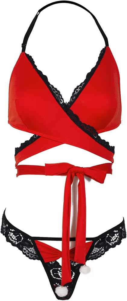 LINGERLOVE Christmas Lingerie for Women Holiday Santa Bra and Panty Set Strechy Red Bodysuit