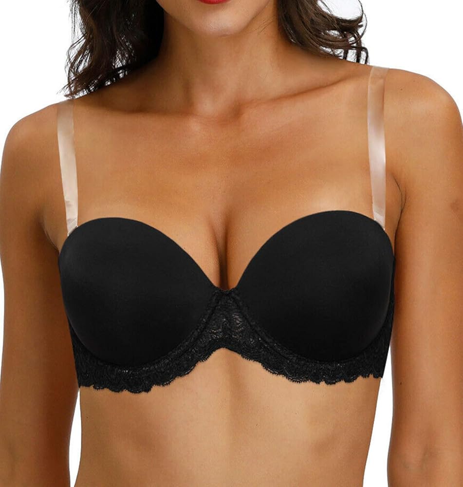 Strapless Clear Back Strap Convertible Bra with Lace Padded Underwired Plus Size Brassiere