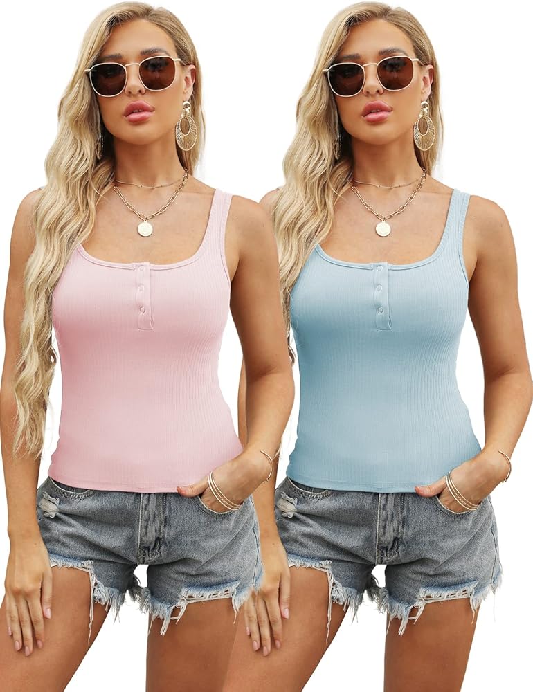 Amilia Women's 2-Pack Sexy Square Neck Tank Crop Tops Henley Shirt Ribbed Camisole Casual Basic Layer Shirts Y2K E-Girl