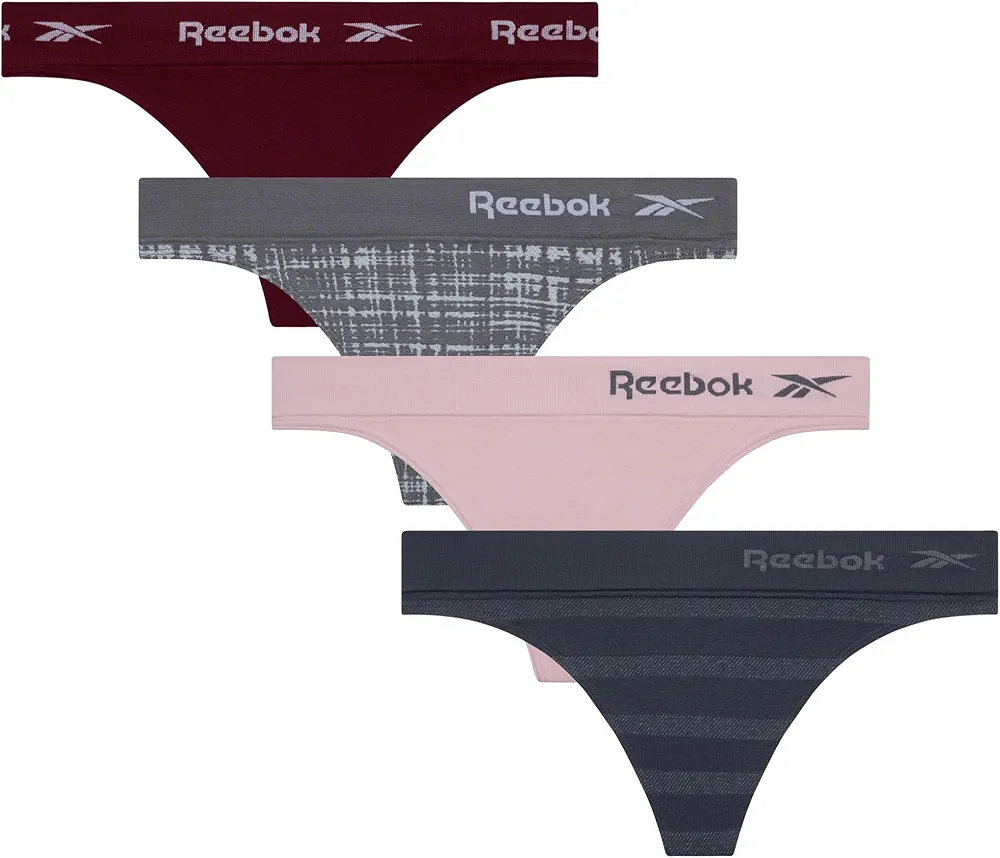 Reebok Women's Thongs - 4 Pack Performance Seamless Thongs for Women Sexy Panties - Breathable Underwear for Women (S-XL), Size X-Large, Jacquard/Violet/Fig/Black