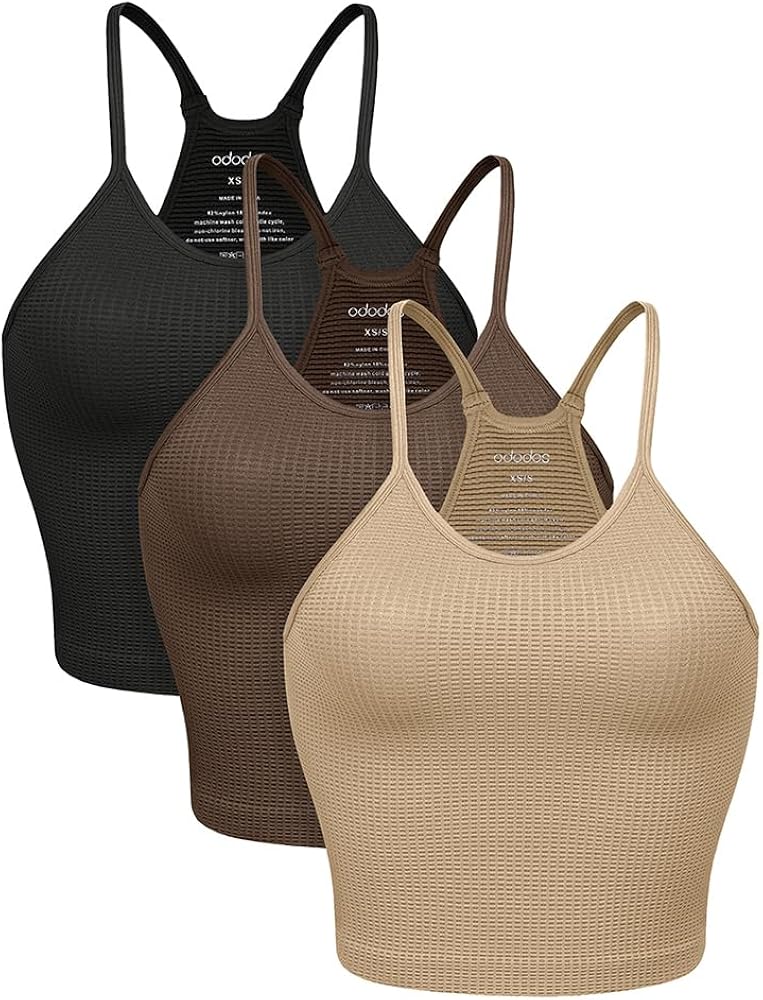 ODODOS Women's Crop 3-Pack Waffle Knit Seamless Camisole Cropped Tank Tops