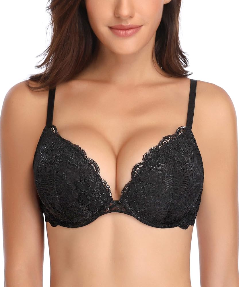 Deyllo Women’s Push Up Lace Bra Comfort Padded Underwire Bra Lift Up Add One Cup