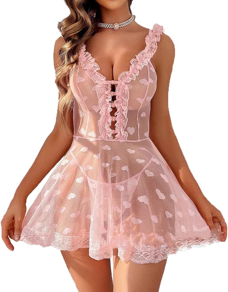 Women Lingerie Lace Babydoll Strappy Chemise Plus Size Teddy Lingerie Mesh Sleepwear Heart Chemise Ruffle Slip Dress