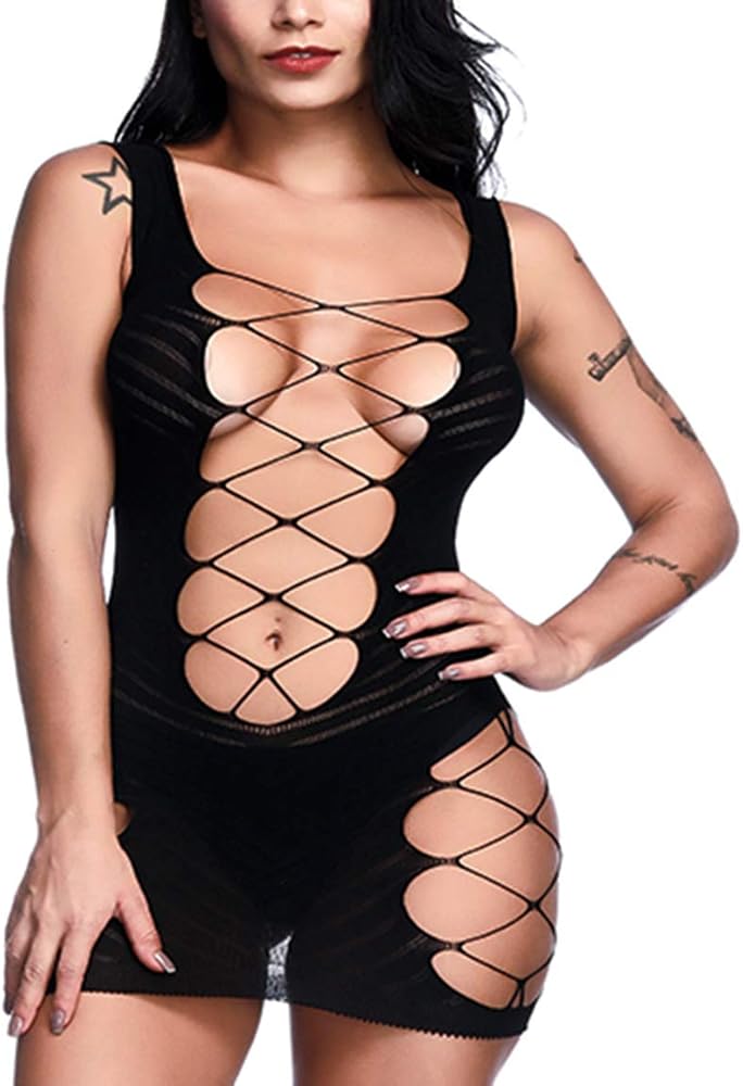 Women Sexy Fishnet Lingerie Sleepwear V-Neck Babydoll Chemise Nightwear Mini Teddy Dress Dress One Size