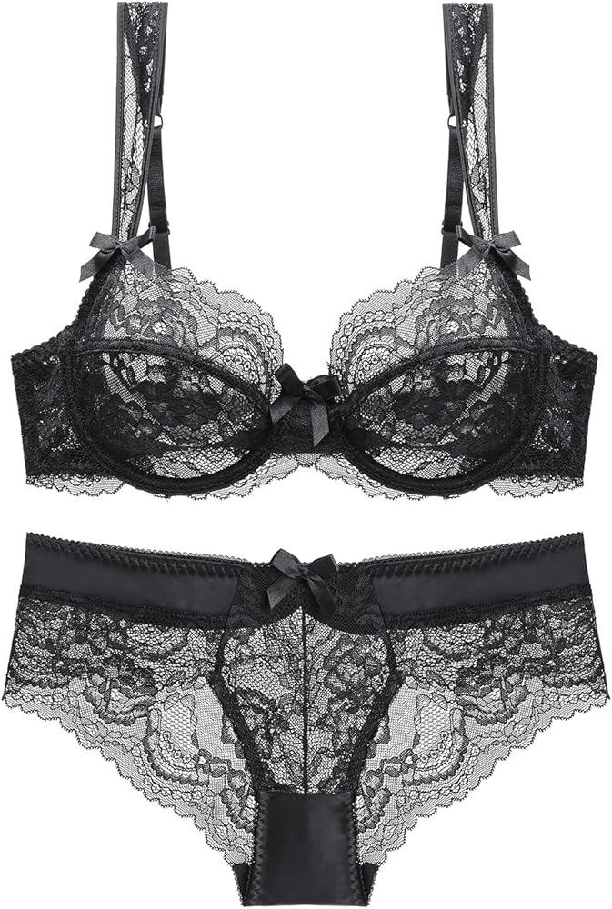 Guoeappa Women's Lace Bra and Panty Sets Underwired Lingerie Set Push Up Sheer Bras