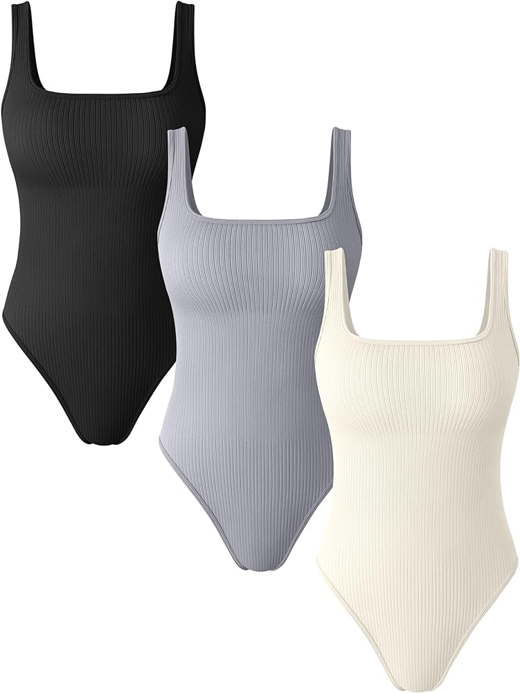 OQQ Women's 3 Piece Bodysuits Sexy Ribbed Square Neck Basic Stretch Tank Tops Bodysuits