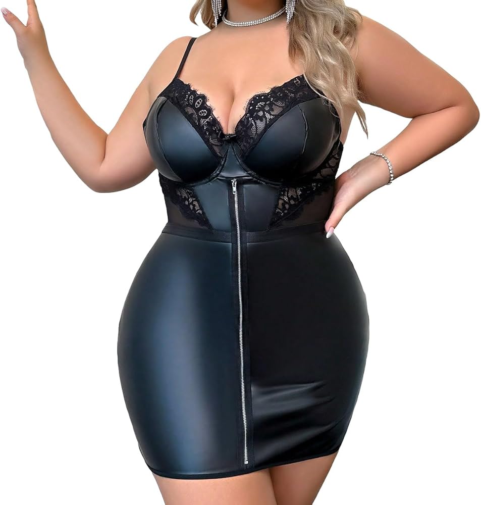 SHENHE Women's 2 Piece Plus Size PU Leather Babydoll Lace Trim Zipper Low Rise Lingerie Set