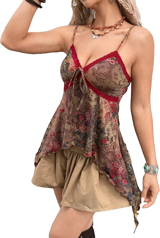 Verdusa Women's Floral Print Contrast Lace Cami Top V Neck Slip Boho Style High Waist Top