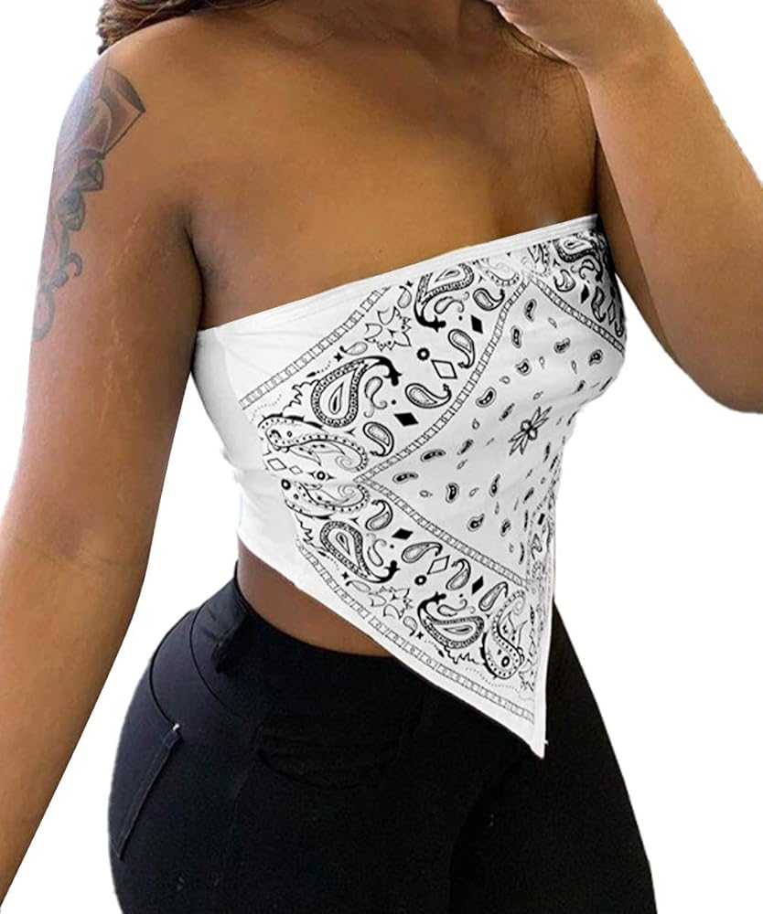 Sexy Crop Tops for Women Paisley Party Club Cothes Strapless Stretchy Bandeau Tube Tops Smocked Bandana Top