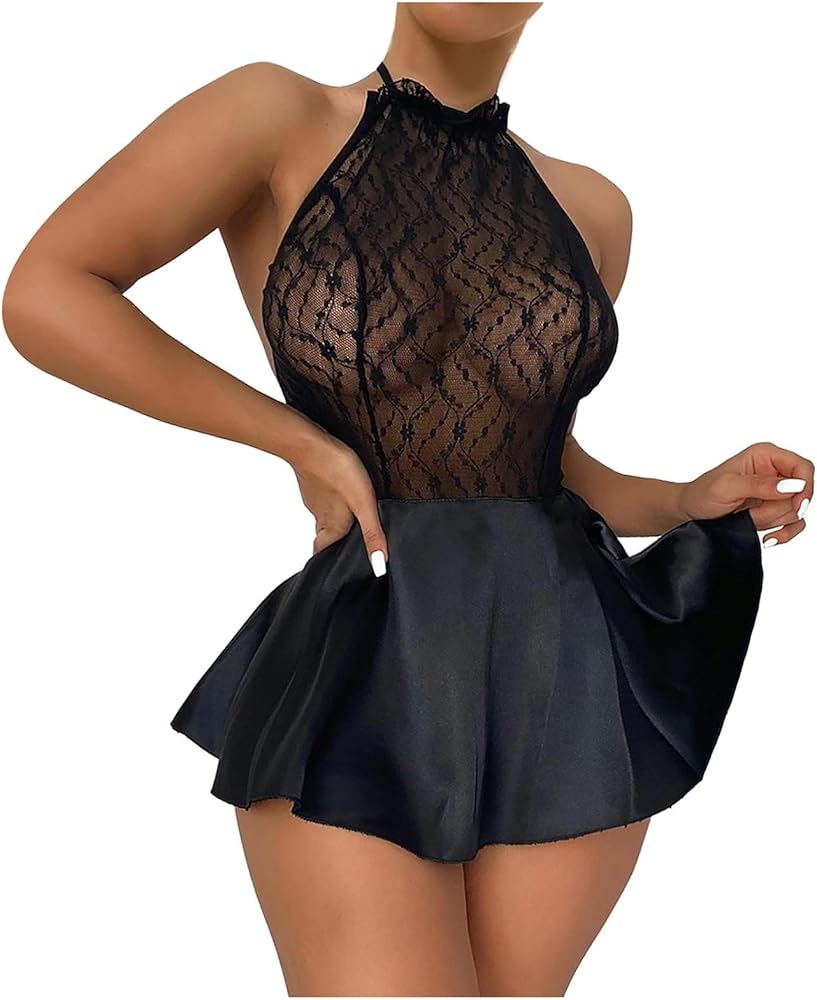 Lingerie for Women Sexy Off The Shoulder A-Line Flowy Mini Dress Valentines Day Gifts for Boyfriend Husband Sheer Lace New Years Eve Holiday Dresses Date Night Outfit Sleepwear(2#Black,X-Large)