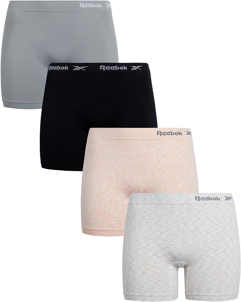 Reebok Women's Boy Shorts Underwear - 4 Pack Seamless Long Leg Boyshorts Panties for Women (S-3X, available in Plus Size)