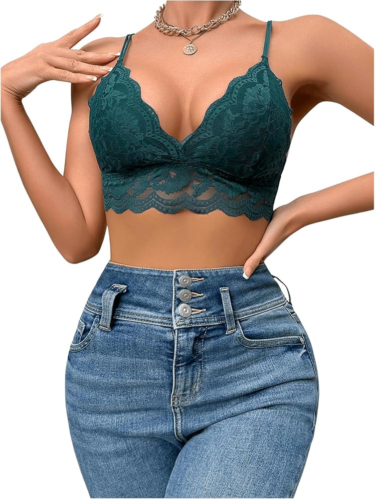 SOLY HUX Women's Floral Lace Scallop Trim Bralette Wireless Bra Adjustable Strap Crop Cami Tops