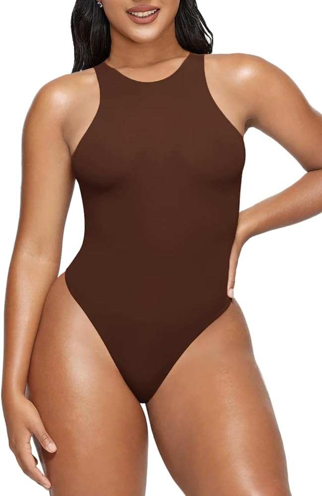 YIANNA Crew Neck Bodysuit for Women Second-skin Feel Thong T-shirt Body Suits Tops