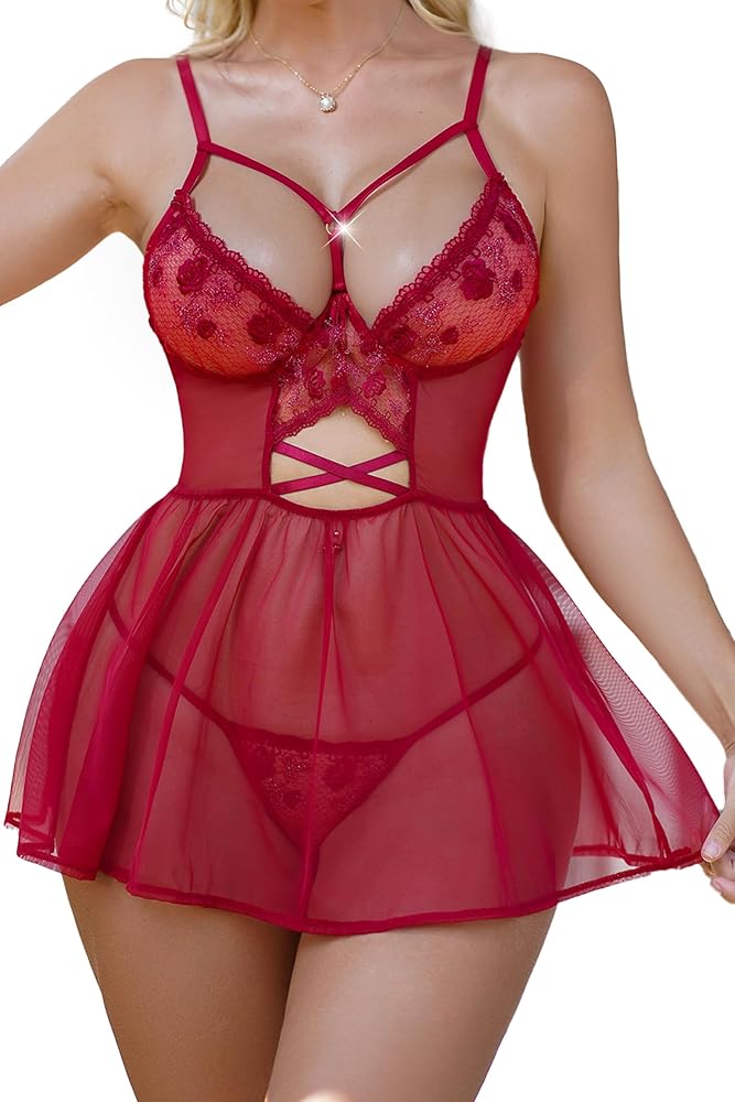 ADSEXY Red Lace Chemise for Women See Through Lingerie Sexy Mini Babydoll Sheer Floral Nightgown Robe Negligee