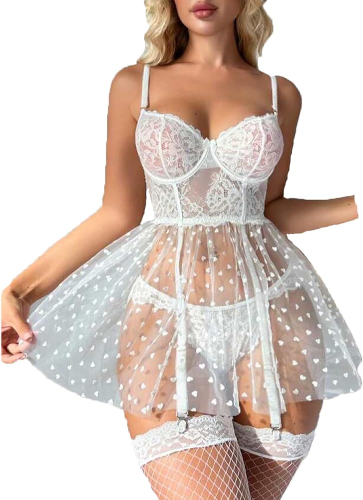 Women's Floral Lace Garter Babydoll Lingerie Underwire Cup Bra Mini Dress with Thong Panties Mesh Chemise Nightgown