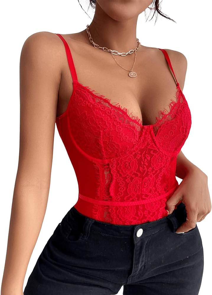 SweatyRocks Women's Spaghetti Strap V-Neck Contrast Floral Lace Cami Bodysuit Mesh Corset Top