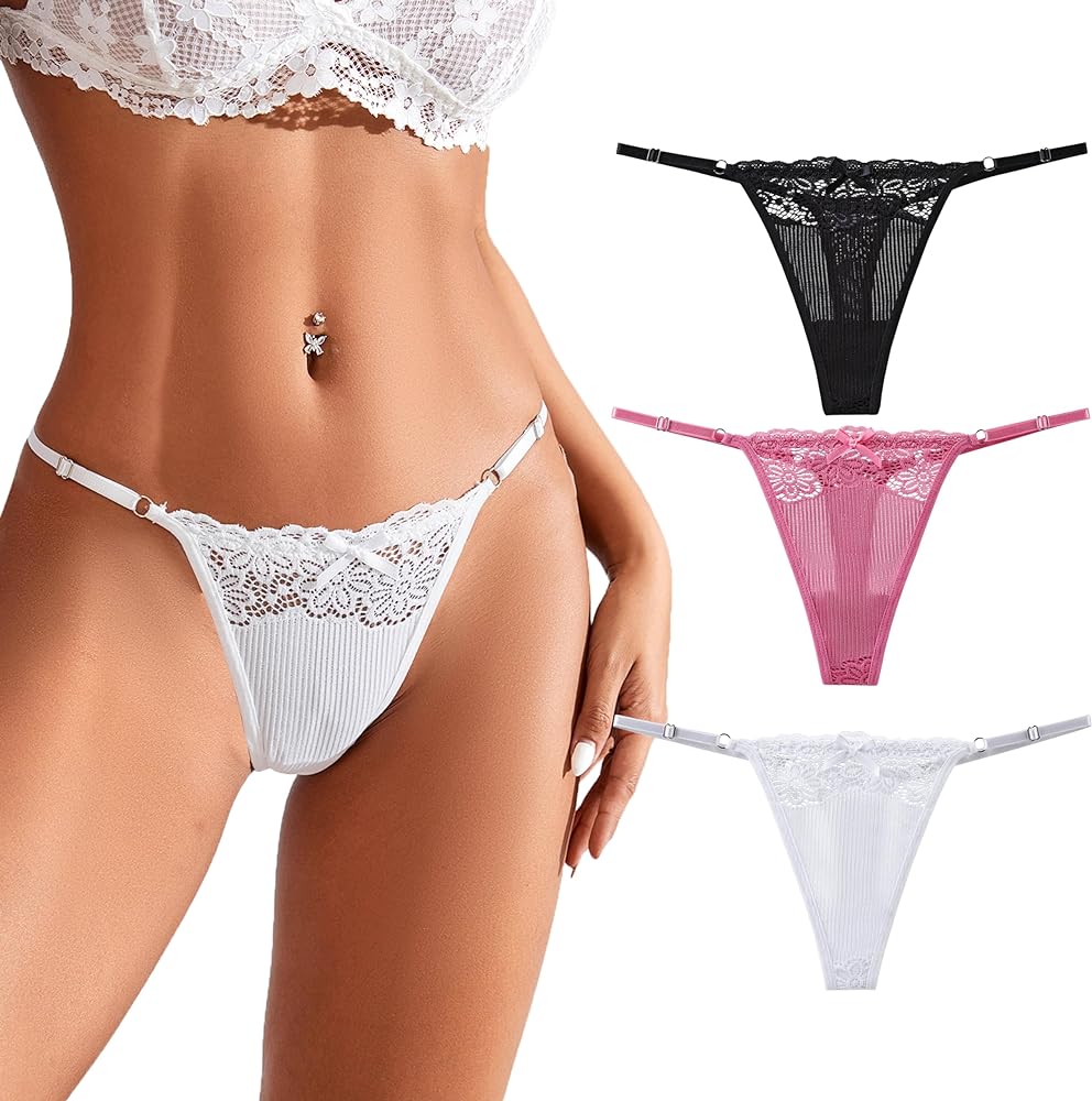 Womens 3 Pack Lace Thong Bikinis Panties Underwear S-L