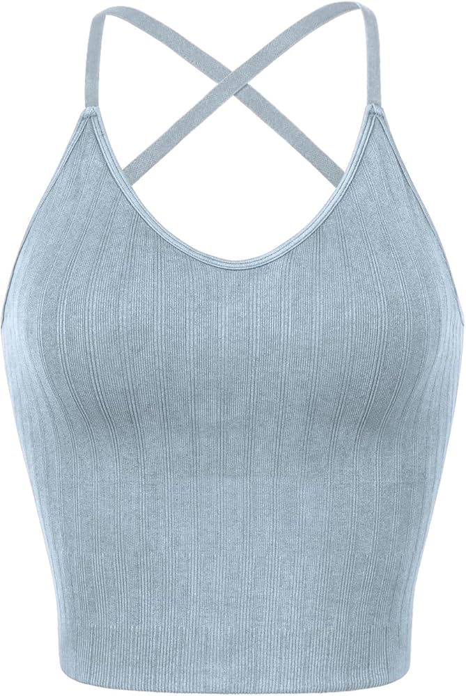 ODODOS Seamless Padded Sports Bra for Women Criss-Cross Back Longline Wirefree Brami Ribbed Crop Tank Tops