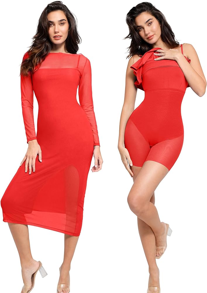 Popilush The Shapewear Two Piece Sheer Mesh Dress - Midi Dress for Spring - Slit Dress Worn Separately Or Together