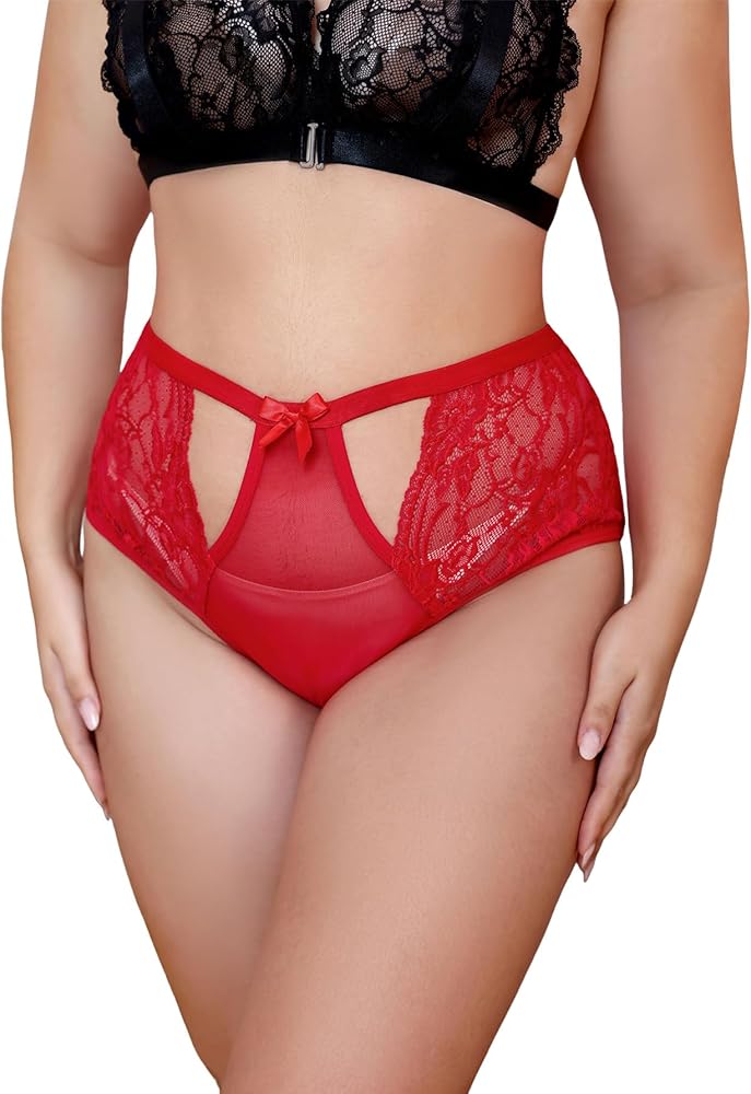 SOLY HUX Women's Plus Size Floral Lace Cut Out Thongs Panty Mid Rise Briefs Lingerie