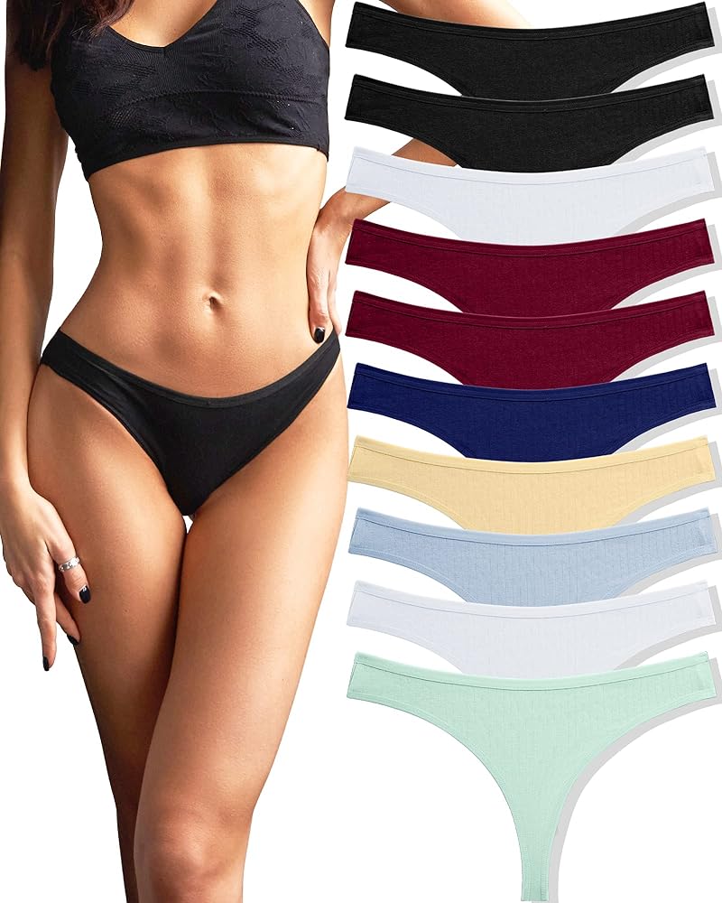 FINETOO 10 pack Cotton Thongs for Women Breathable Low Rise Bikini Lady Panties Womens Underwear Sexy S-XL