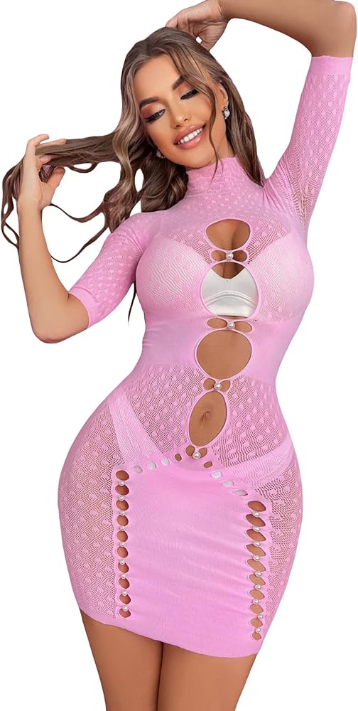 SHENHE Women's Mesh Hollow Out Backless Sleeveless Halter Babydoll Lingerie Dress Pink Cutout One Size