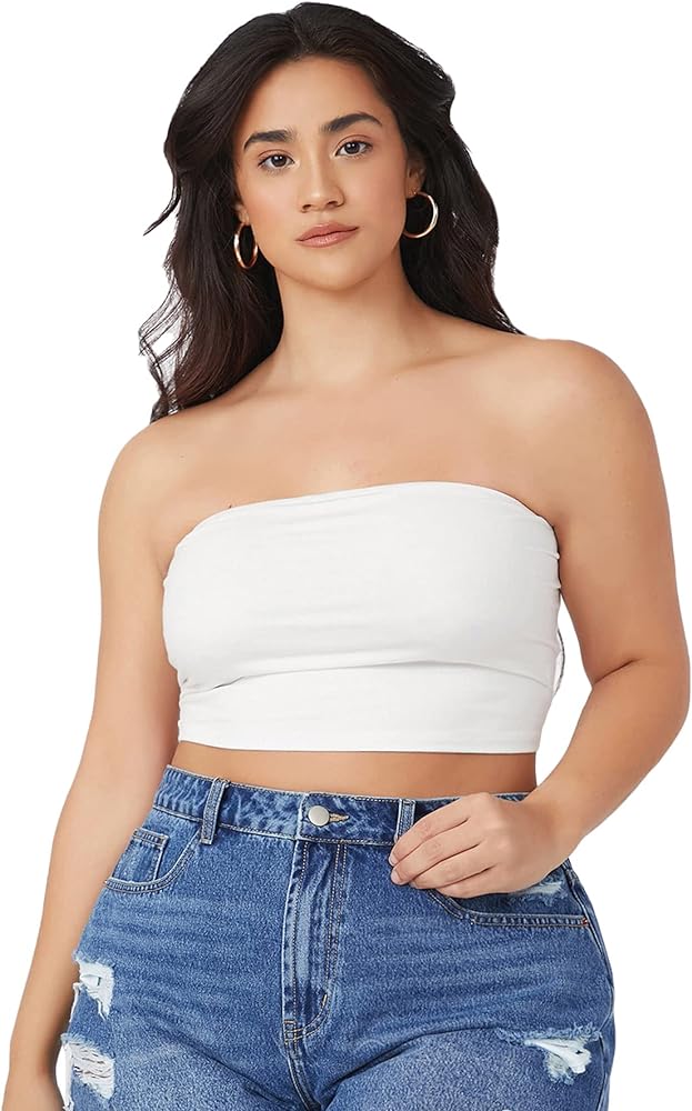 Floerns Women's Plus Size Solid Strapless Bandeau Tops Basic Crop Tube Tops