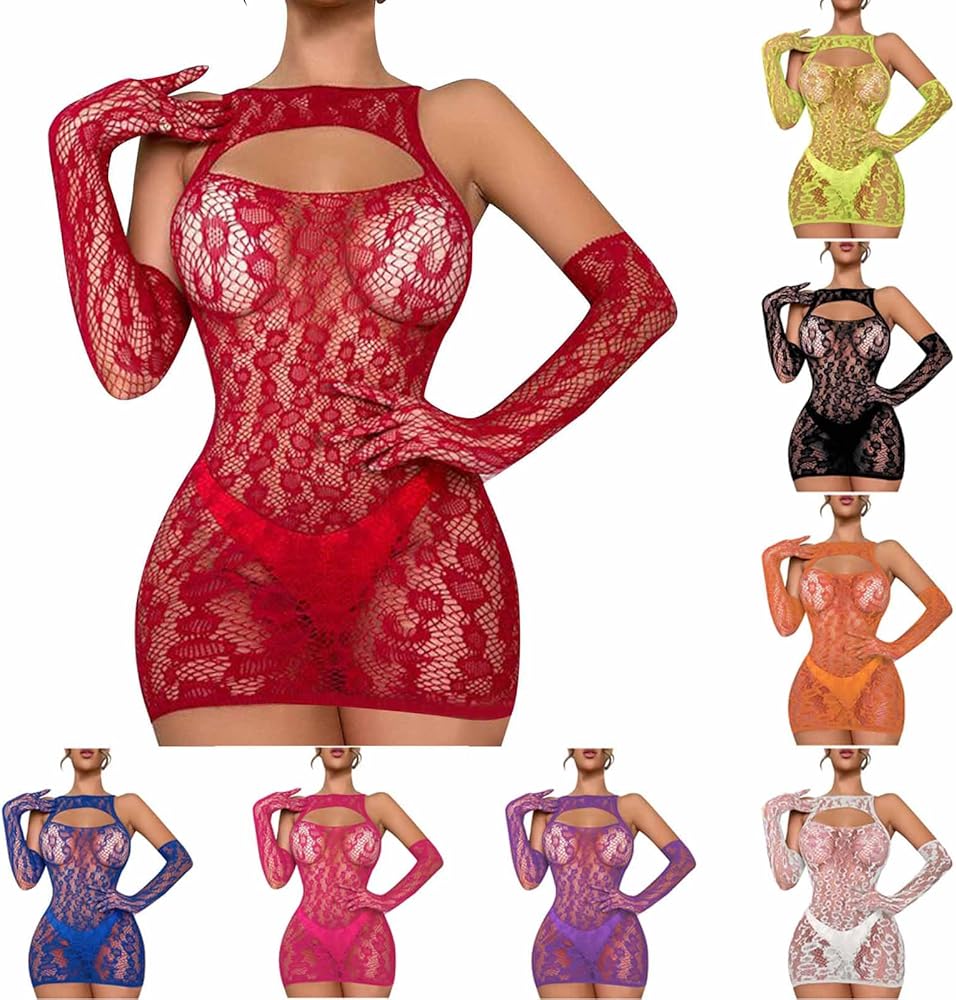 Women Sexy Lingerie Fishnet Mini Dress Mesh Cut Out Babydoll Fishnet Bodysuit See Through Chemise Nightdress with Gloves